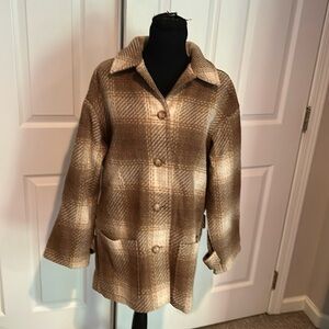 Vtg Pendleton beige cream plaid button down front wool barn jacket sz M